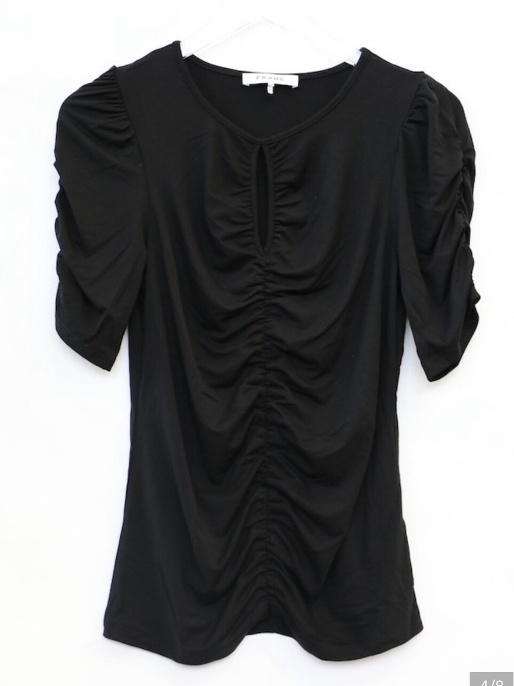 FRAME Shirred Keyhole Knit Top Black Blouson Sleeve Stretch - Picture 2 of 6